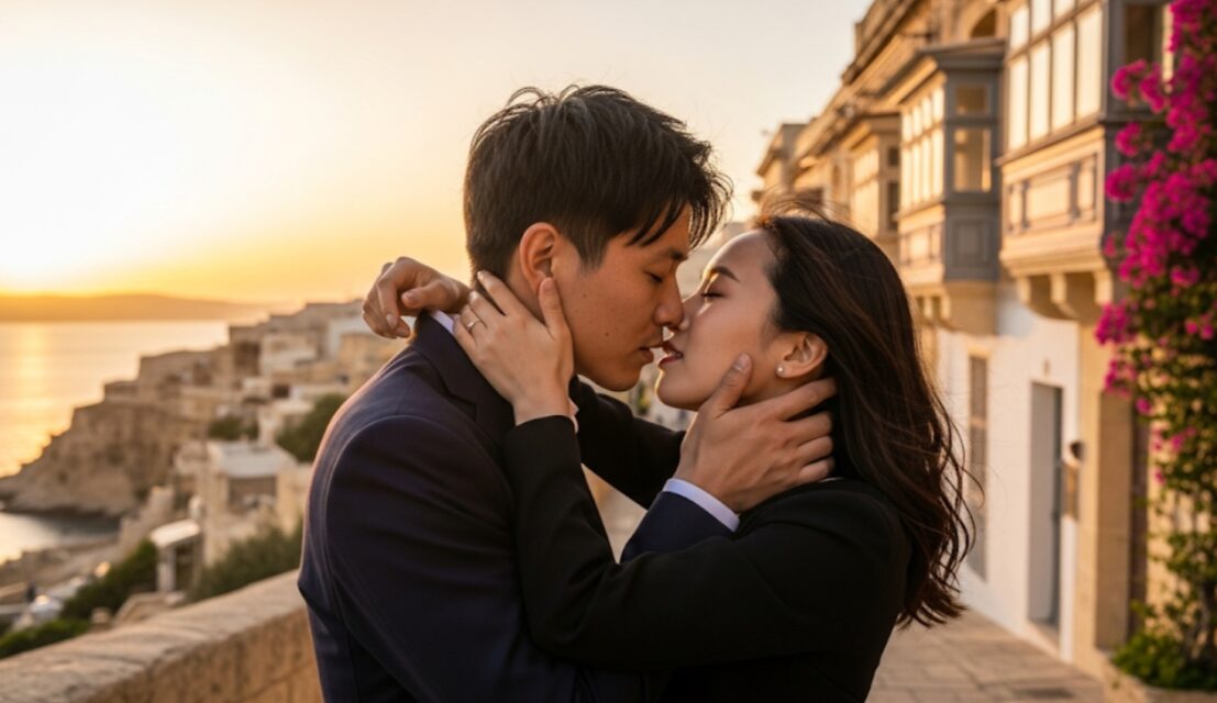 地中海のマルタ島で、感動的な再会を果たしキスを交わすアジア人男女。ドラマのロマンチックな結末を象徴している。