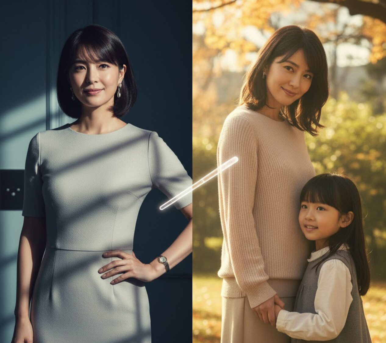 映画「そして、バトンは渡された」で梨花を演じる石原さとみの二面性を表現した分割画像。左側では洗練されたスーツ姿で「魔性の女」としての魅力を放ち、右側では幼い娘(みぃたん)に寄り添い優しく微笑む「母性」が表現されており、中央のバトンがその役割の変遷を示唆している。