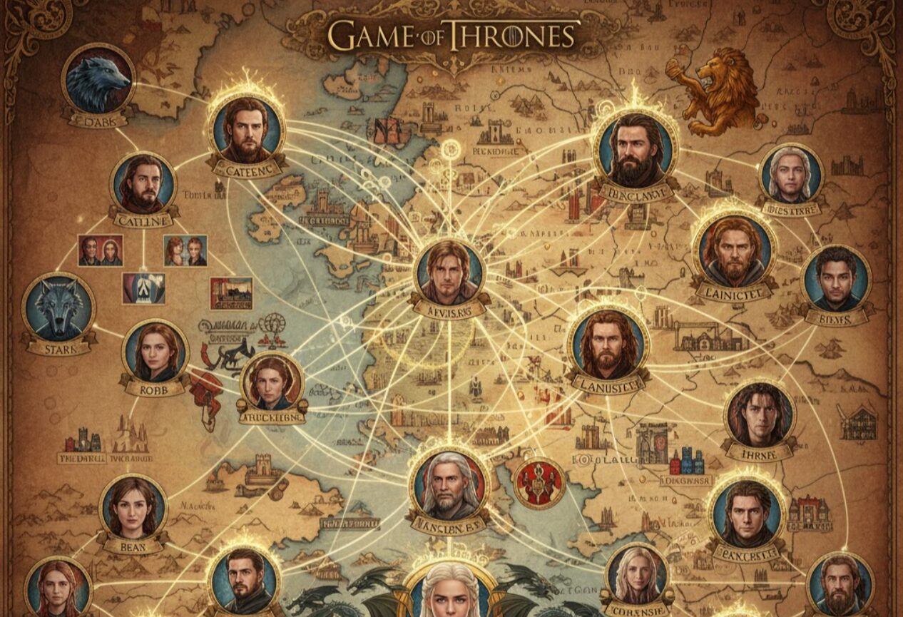 ゲームオブスローンズの登場人物と家系、ウェスタロスの地図が一体となった複雑な相関図。中央にデナーリス、北にスターク家、西にラニスター家、主要人物の肖像が光る線で結ばれている。