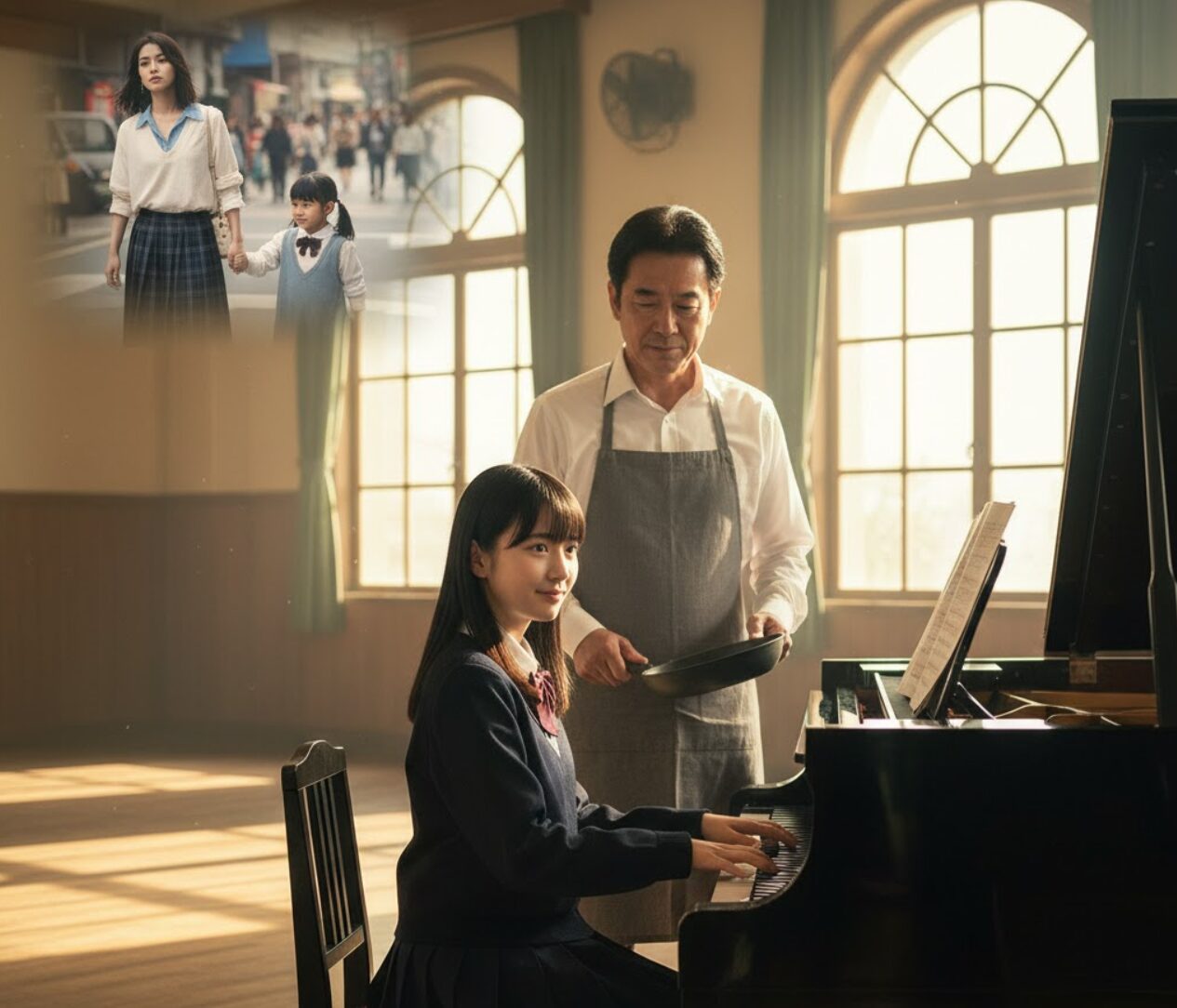 高校の音楽室でピアノを練習する制服姿の森宮優子と、その傍らで料理を見守る義父の森宮壮介。背景には、幼い頃の優子(みぃたん)と梨花が手を繋いで歩く回想シーンが重なり、現在の穏やかな生活と過去の複雑な家族関係が示唆されている。