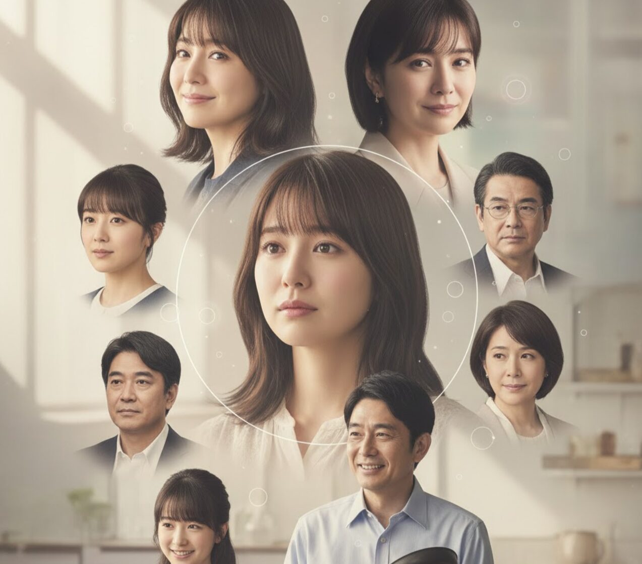 映画「そして、バトンは渡された」の主要キャストたちのポートレートがコラージュされた画像。中心には主人公の森宮優子を演じる永野芽郁が配置され、周囲に梨花役の石原さとみ、森宮壮介役の田中圭、幼少期の優子(みぃたん)役の稲垣来泉など、豪華な出演者たちの顔が配され、物語を彩る人間関係が表現されている。