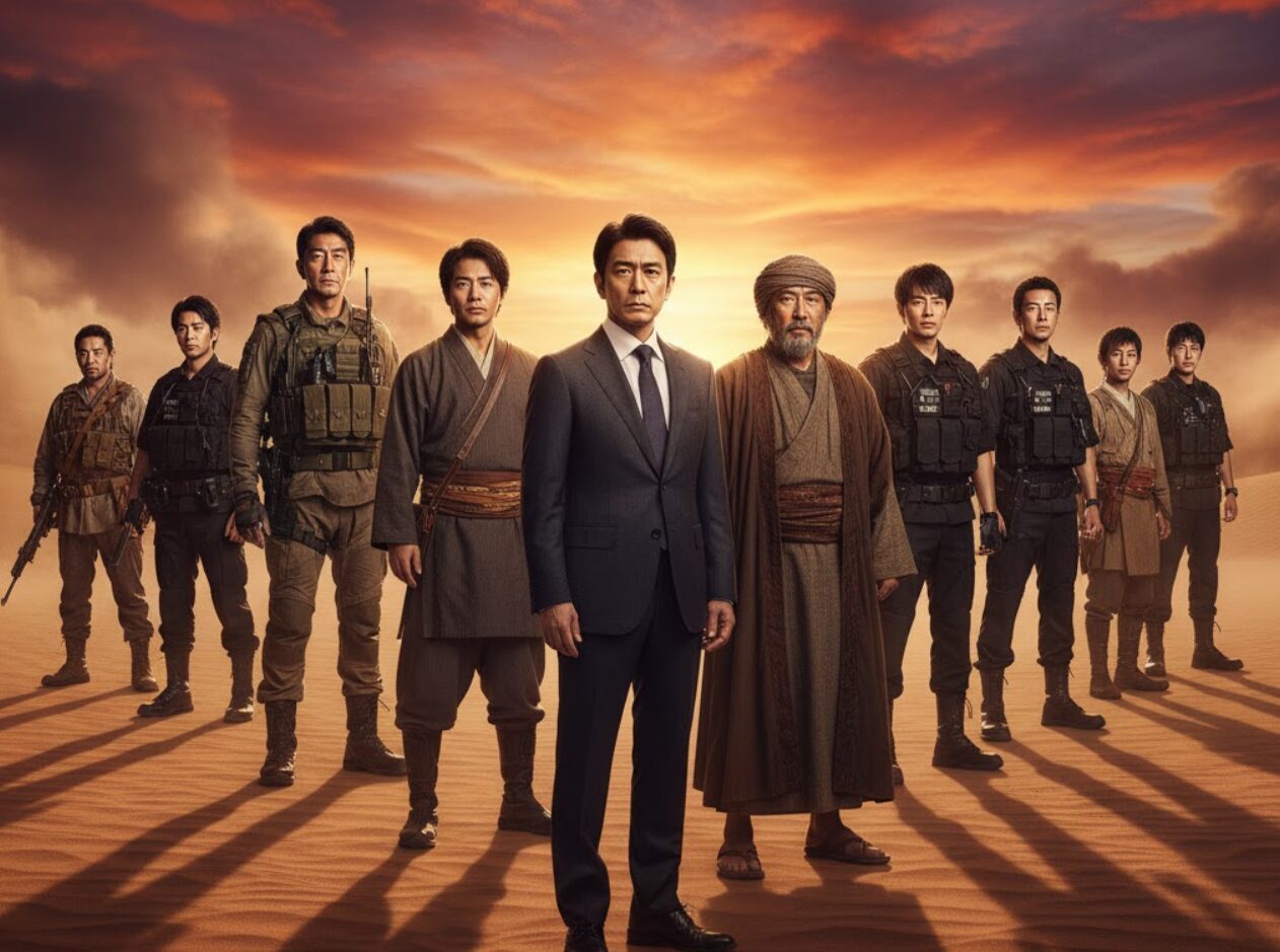 広大な砂漠を背景に、スーツ姿の日本人男性を中心に、民族衣装や戦闘服を着た複数の日本人男性が並び立つ。壮大な物語の始まりを予感させる、緊張感のある集合写真。