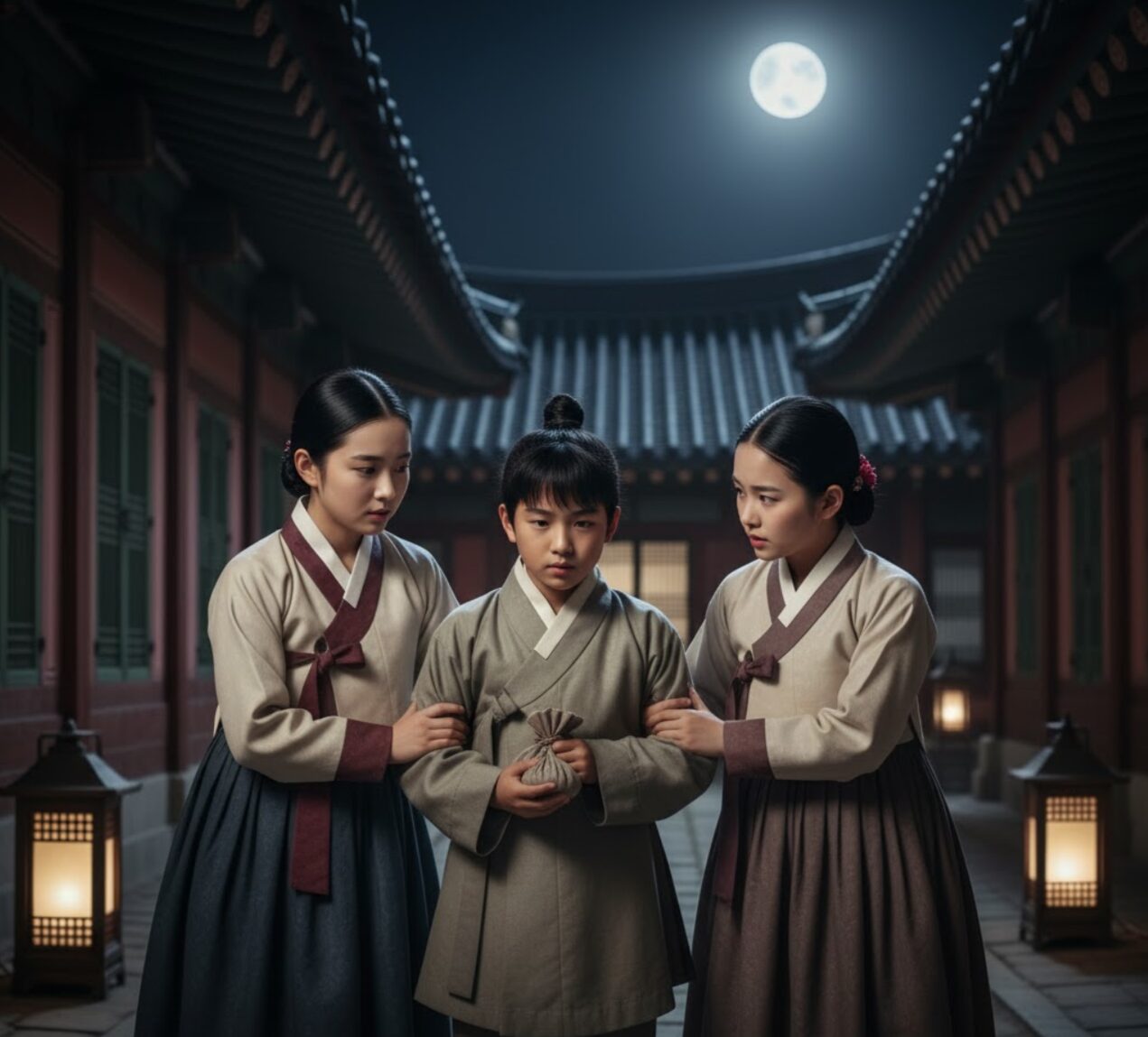 夜の宮殿で出会う幼い世孫（イ・サン）と女官見習い（ソン・ソンヨン）。