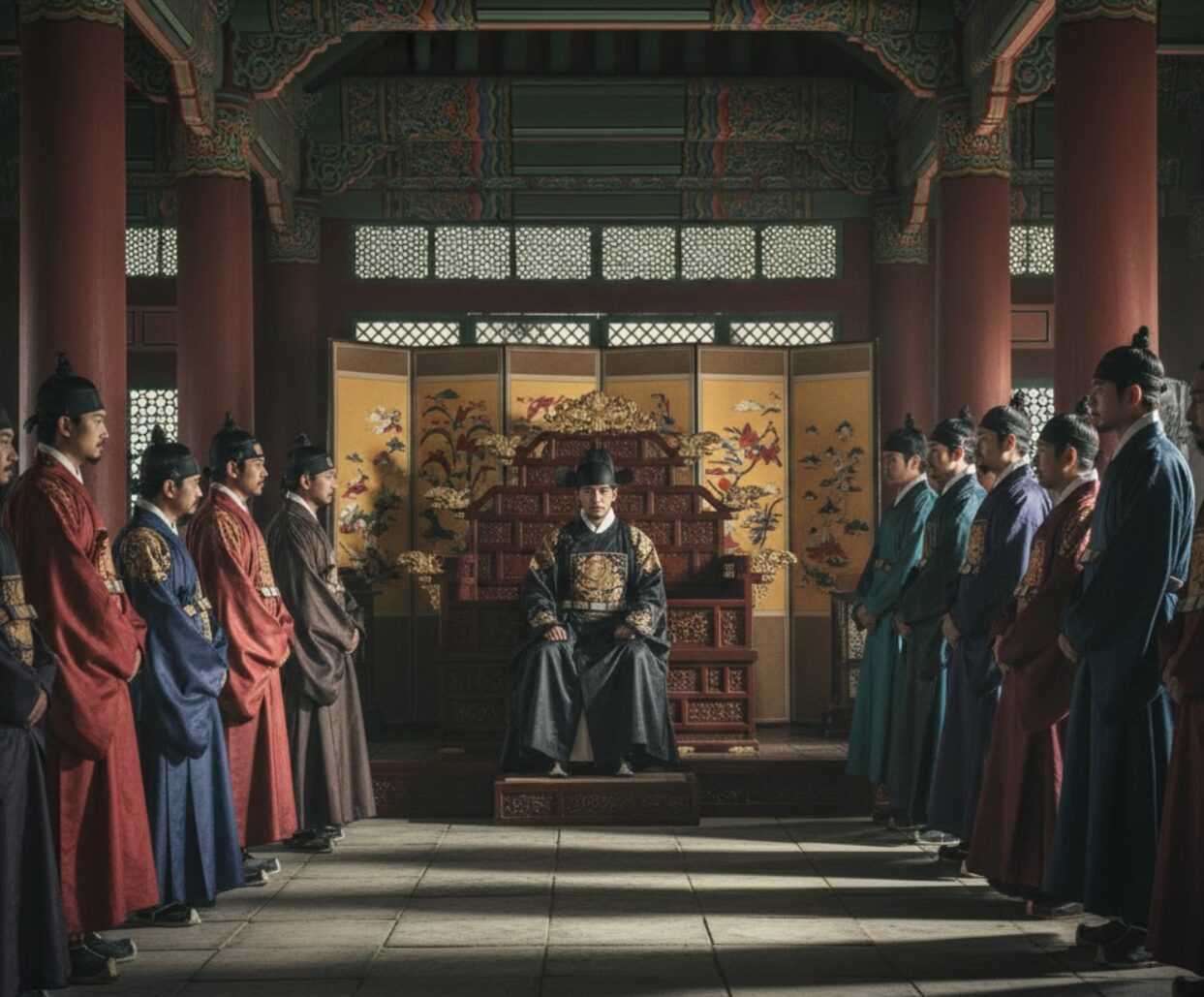 玉座に座る朝鮮王朝の王（イ・サン）と、彼に対峙する臣下たち（老論派）。