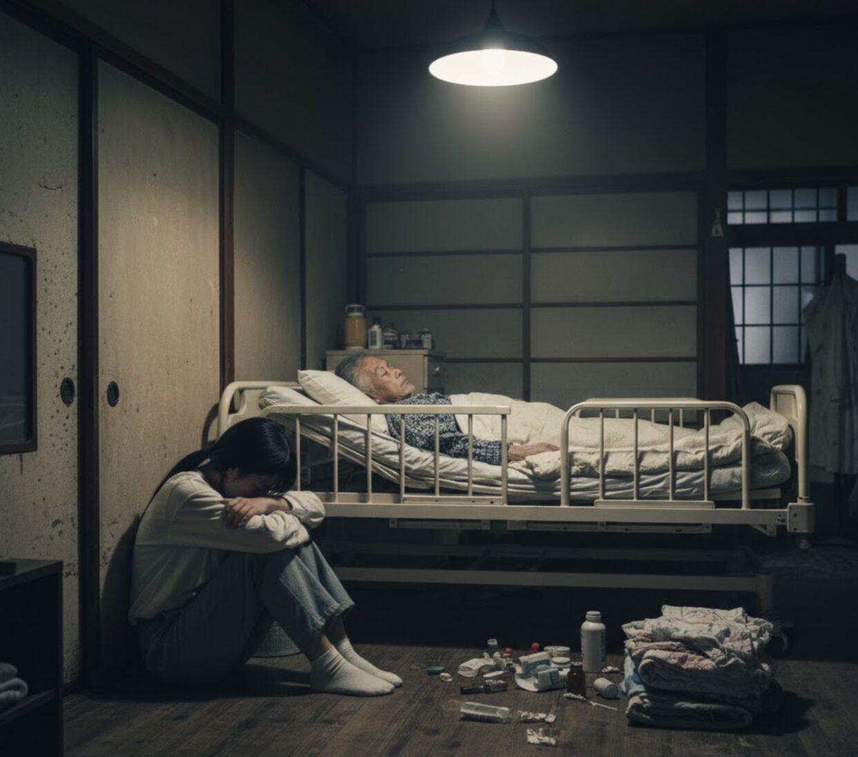 薄暗い日本の室内で、介護用ベッドの傍らに座り込み疲労困憊した様子の若い日本人女性。ヤングケアラーとしての孤独と閉塞感。
