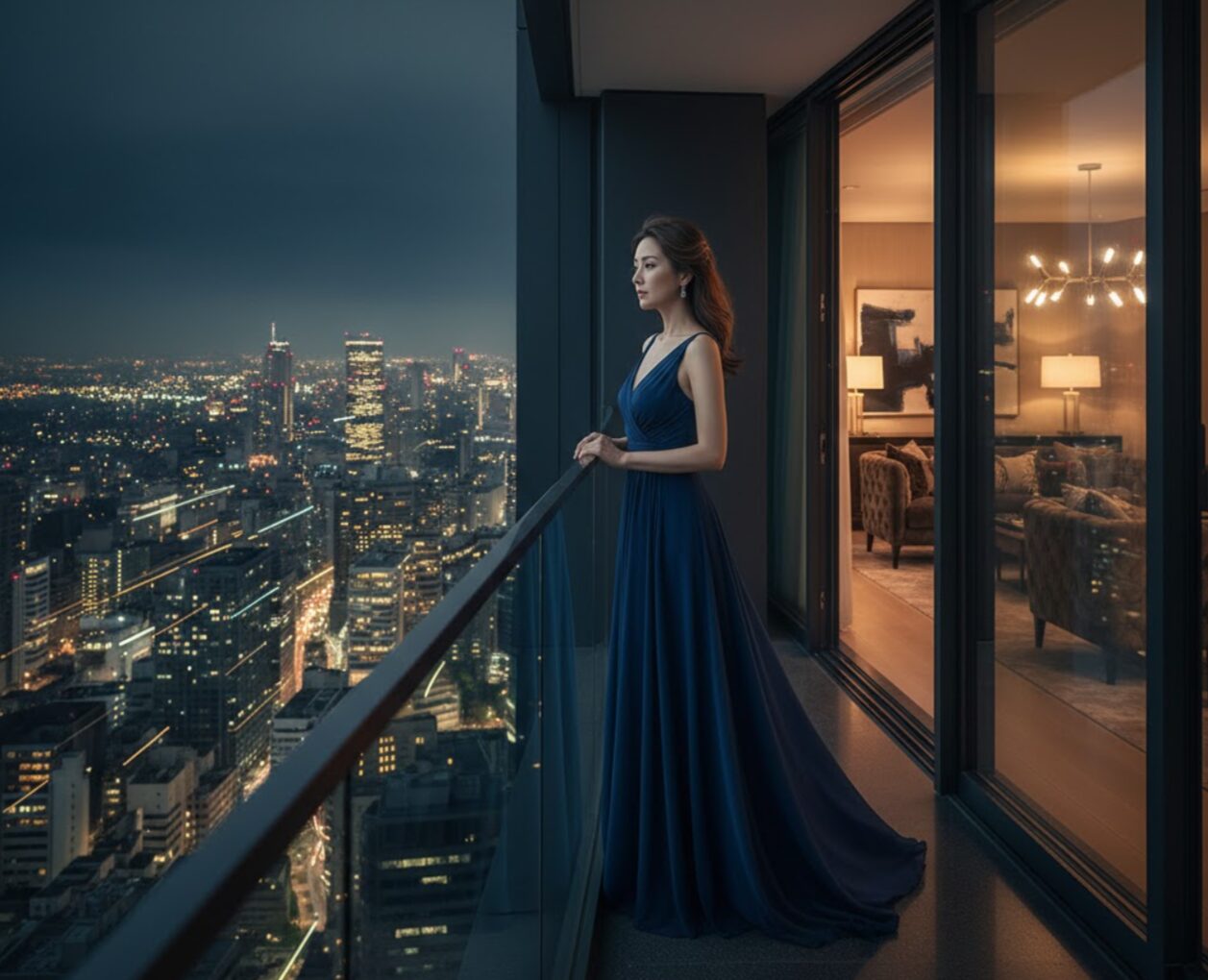 豪華なペントハウスのバルコニーから、夜景を見下ろす神秘的な雰囲気の女性。手すりにもたれかかり、遠くを見つめている。