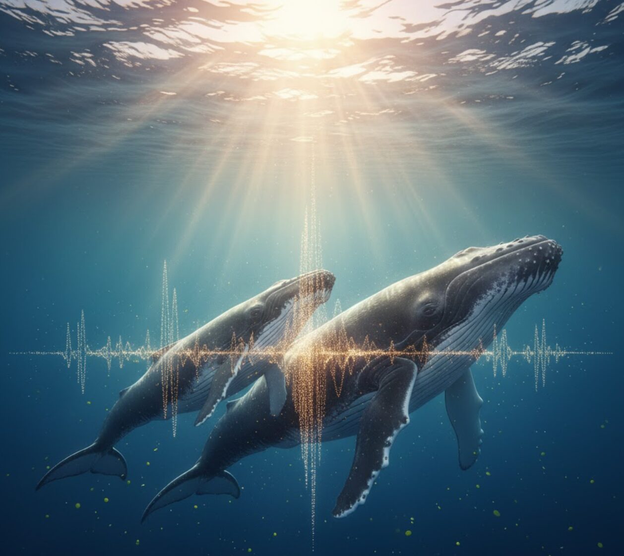 明るい日差しが差し込む海面近くを、二頭のクジラが寄り添って泳ぐ姿。孤独からの解放と魂の共鳴、希望を表現したイメージ。
