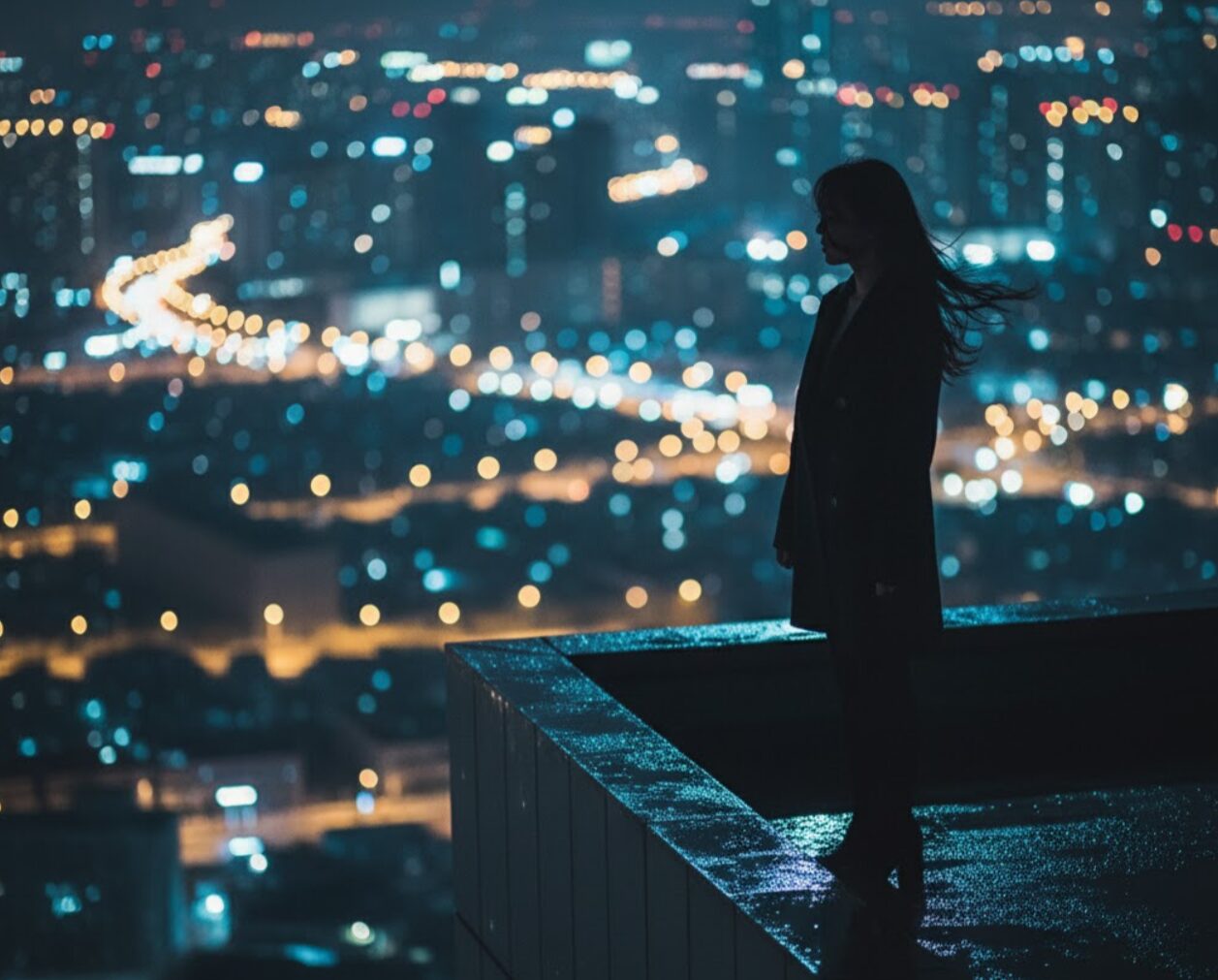 夜の屋上から、都会のきらめく夜景を見下ろす人物のシルエット。ミステリアスな雰囲気が漂っている。